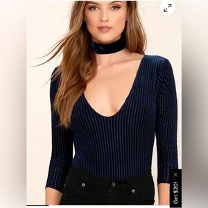 Lulus Elegant Navy Blue velvet Ribbed Women's Bodysuit- small